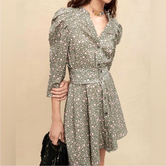 Maje Rakita Puff Sleeve Shirt Dress Green Pink Pleated Mini Floral Sz 38 US M - Picture 1 of 14